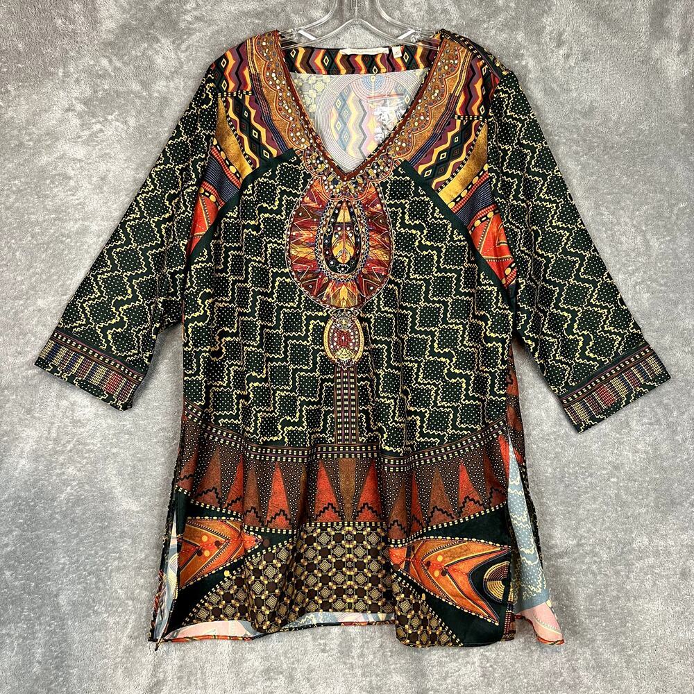 Soft Surroundings Tunic Top‎ Blouse Womens XL Dashiki Emroidered Beaded Artsy